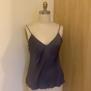 Grey v-neck tank top.